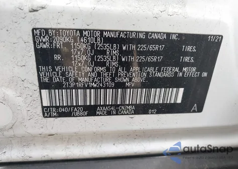 2021 Toyota Rav4 Xle from USA, damaged, VIN 2T3P1RFV1MW243109